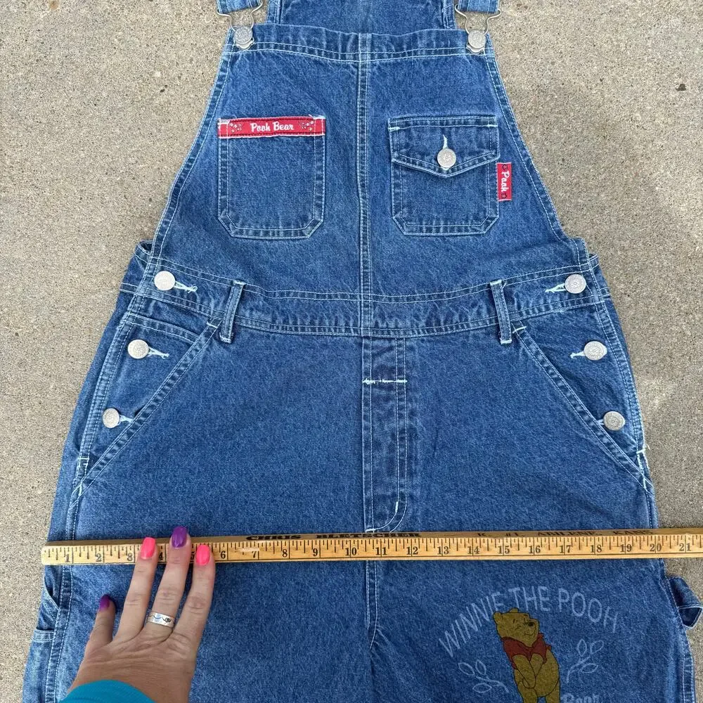 Vintage 90s Y2K Pooh Logo Image Denim Jean Shortalls Overalls Multi Pocket SMALL